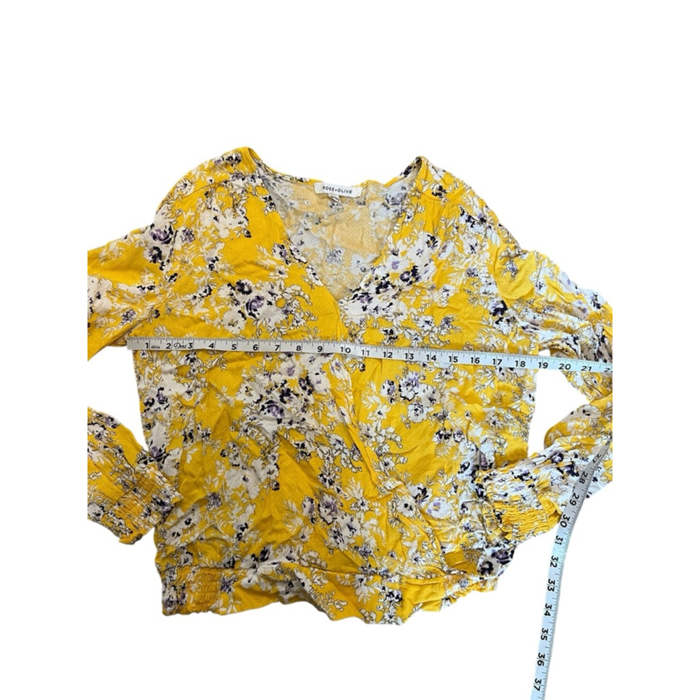 Rose + Olive Yellow Floral Wrap Style Blouse Boho Cottagecore Medium - Picture 8 of 10